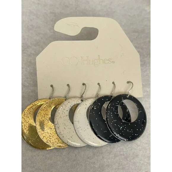 Vintage VTG CC Hughes Dangle Earrings 3 Pairs Gold Tone White Black Glitter - Picture 2 of 7